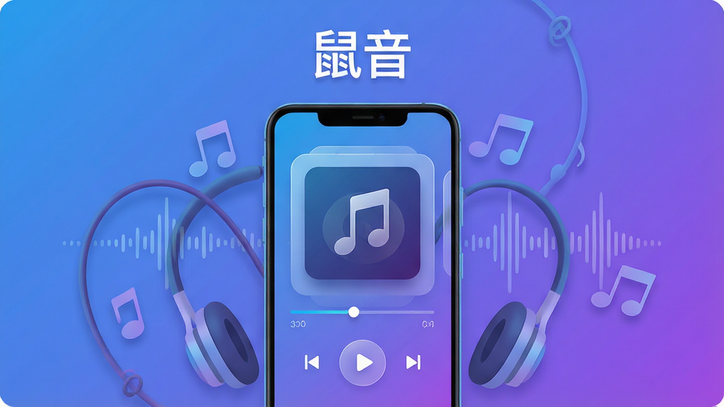 主体为一台竖屏安卓手机,屏幕中央展示音乐播放器界面,包含专辑封面、播放进度条与控制按钮,手机周围环绕耳机、音符与音频波形线条;布局采用居中对齐,上方留白放置软件名称文字“鼠音”;排版清爽,主次分明;风格为现代扁平化插画,蓝紫渐变配色;细节包含圆角卡片、柔和阴影、半透明玻璃质感控件;画质高清,干净,无多余元素