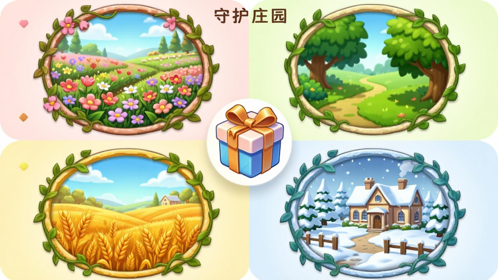画面主体为“守护庄园”的季节活动界面,画面分为春夏秋冬四个圆形场景窗口,分别展示花田、绿荫、金黄麦浪与雪覆盖的庄园,中央悬浮一个礼盒图标;布局为四宫格环绕式;风格为清新明快的卡通插画风;细节包括季节色调变化、窗口边框的藤蔓装饰、礼盒上的丝带;画质干净,色彩柔和,无多余元素