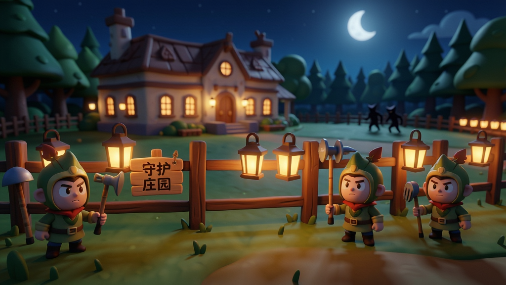 画面主体为“守护庄园”的夜间守护场景,庄园外围亮起一排灯笼,几名卡通守护伙伴手持工具站在围栏旁,远处有模糊的影子靠近,天空中挂着月亮;布局为前景守卫、中景庄园、背景夜色森林;风格为暖色调卡通渲染;细节包括灯笼光晕、草地阴影、伙伴的表情与动作、围栏上的木牌;画质干净,氛围紧张但不恐怖,无多余元素