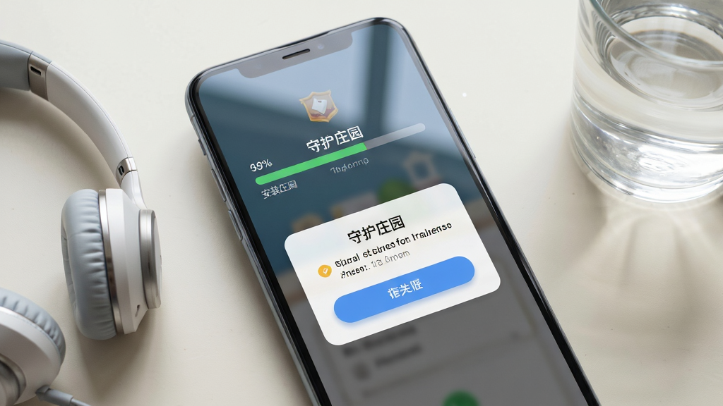 画面主体为一部竖屏智能手机,屏幕上显示“守护庄园”的安装进度条与权限请求弹窗,手机旁边放着一副耳机与一杯水,背景是简洁的浅色桌面;布局为居中特写,手机略微倾斜;风格为清爽的产品展示风;细节包括屏幕反光、进度条百分比、弹窗按钮的圆角与阴影;画质干净明亮,无多余元素,突出安装与权限设置的使用场景