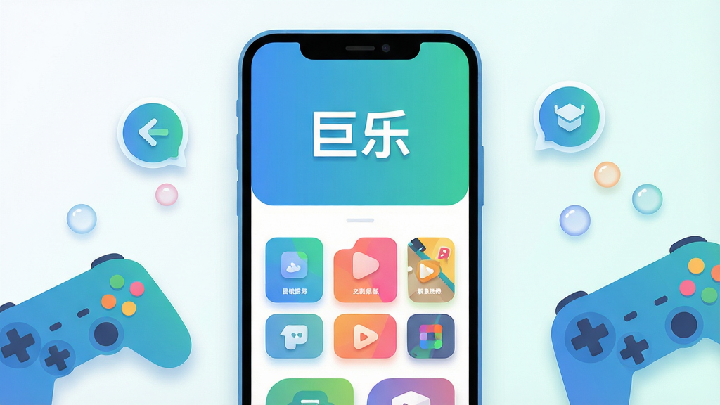 画面主体为一部竖屏安卓手机,手机屏幕中央显示清爽的娱乐应用首页界面,顶部有“巨乐”字样标题,界面下方整齐排列多个彩色功能图标卡片;布局采用居中构图,手机两侧点缀少量扁平化游戏手柄与气泡元素;排版简洁,视觉重心集中在手机屏幕;风格为现代扁平插画风,配色以蓝绿渐变为主,干净明亮;细节上手机边框圆润、图标带轻微阴影、背景为浅色渐变;画质高清,画面干净,无多余元素