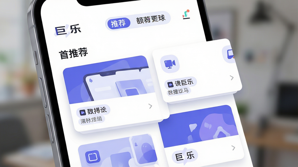 画面主体为手机屏幕特写,屏幕中显示“巨乐”首页推荐区域,几张内容卡片以错落方式排布,卡片上有小图标与简短文字标签,屏幕上方有一个简约的推荐标签条;布局为手机屏幕占画面主体,背景虚化;排版强调卡片层次感;风格为现代UI界面插画,配色以白底配蓝紫点缀;细节上卡片有淡阴影、文字清晰、界面留白充足;画质高清,画面干净,无多余元素