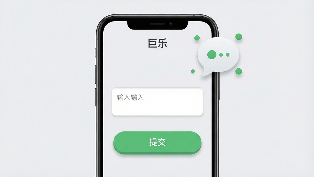 画面主体为手机屏幕显示“巨乐”反馈界面,界面中有简洁的输入框与提交按钮,旁边漂浮一个对话气泡图标;布局为手机居中,气泡在右上角;排版突出输入区域;风格为轻拟物扁平风,配色以浅灰底配绿色按钮;细节上按钮有圆角与轻阴影、气泡带小圆点装饰;画质高清,画面干净,无多余元素