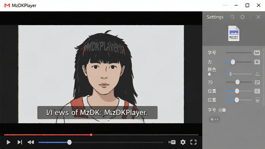 画面主体为MzDKPlayer播放界面,视频画面下方显示外挂字幕文字,旁边有字幕文件图标与设置面板,面板上有字号、颜色、位置选项;布局为播放窗口加侧边设置栏,风格为简洁扁平插画,细节包含字幕条、调节滑块、文件图标;画质清晰,干净,无多余元素