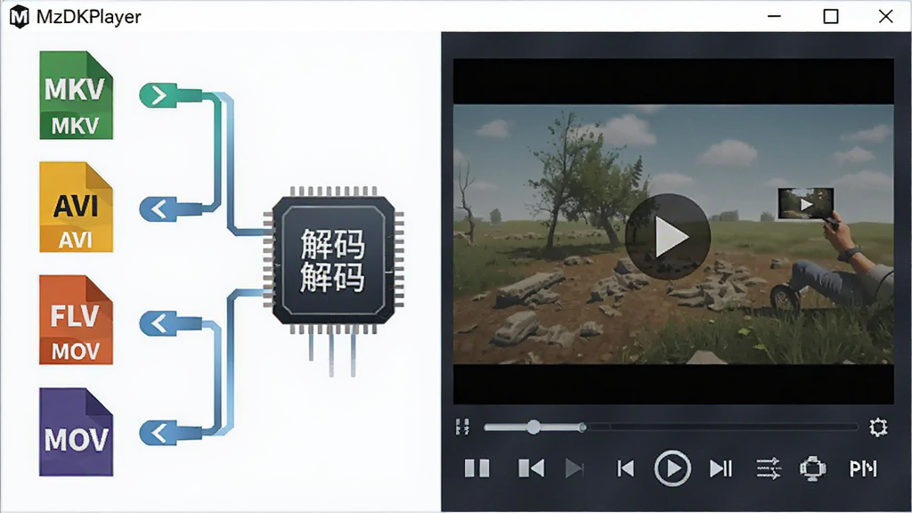 画面主体为MzDKPlayer软件界面居中显示,左侧排列MKV、AVI、FLV、MOV等格式图标,右侧为播放窗口正在播放视频,中间有解码芯片图形连接两侧;布局左右分区清晰,风格为科技感矢量插画,细节包含格式标签、解码箭头、播放控件;画质清晰,干净,无多余元素