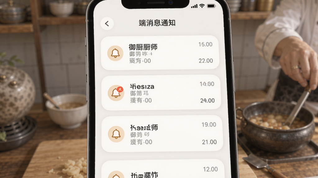 一席御厨厨师端消息通知界面,画面为手机屏幕展示通知列表,主体为手机与消息卡片,布局纵向排列,排版规整,风格为柔和圆角设计,细节包含铃铛图标、未读标记、时间戳,画质高清、干净、无多余元素