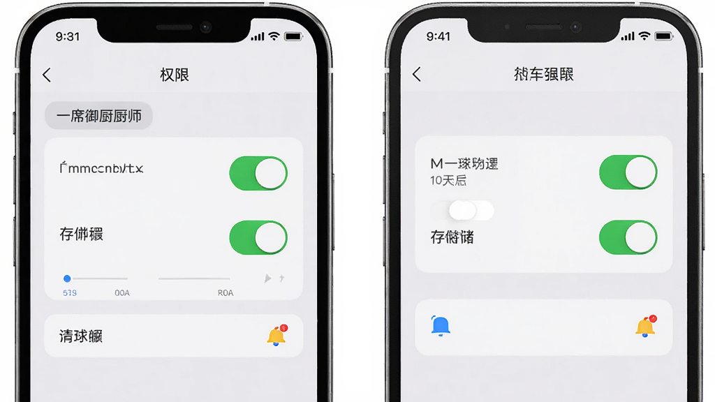 一席御厨厨师端安装设置示意场景,画面为手机与设置界面组合,主体为手机屏幕展示权限开关,布局左右分栏,排版清晰,风格为浅灰质感,细节包含权限开关、存储条、通知图标,画质高清、干净、无多余元素
