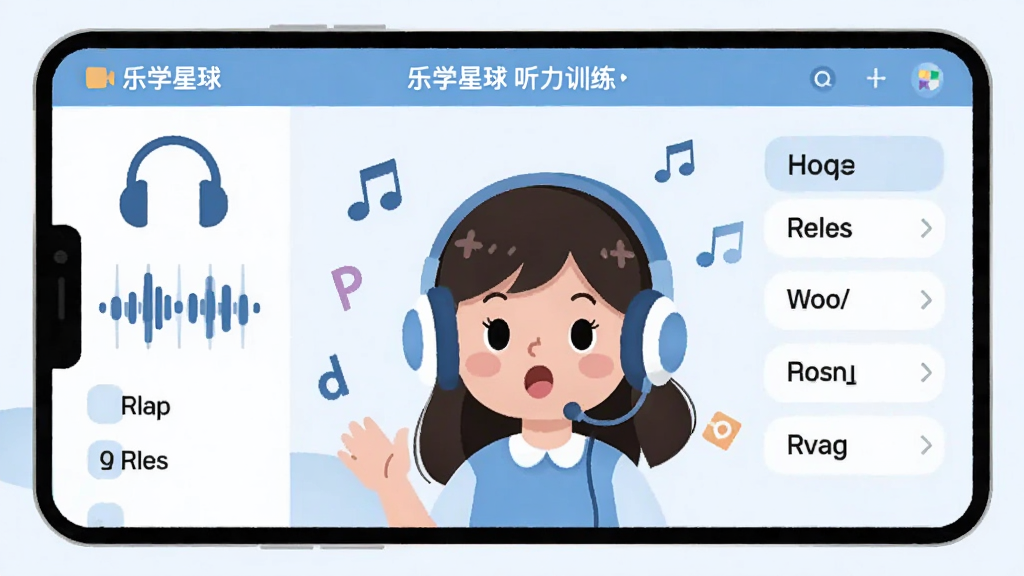 画面中央展示乐学星球听力训练界面,界面中有耳机图标、声波图形与英语单词列表,一位卡通女孩戴着耳机跟读,周围漂浮音符与字母符号,风格为清新扁平插画,配色以浅蓝与白色为主,布局左右分栏,细节清晰,画质干净,无多余元素