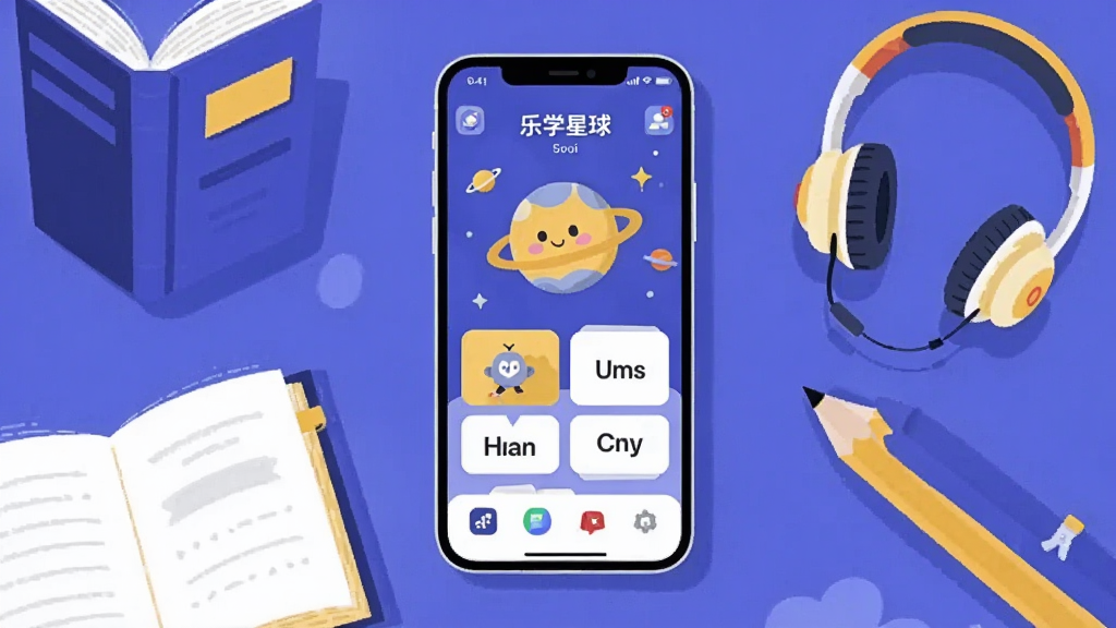 画面中央放置一部智能手机,手机屏幕上显示乐学星球应用主界面,界面中有卡通星球图案与英语单词卡片,手机周围环绕书本、耳机、铅笔等学习元素,整体采用扁平插画风格,配色以蓝紫色与明黄色为主,布局简洁居中,细节清晰,画质干净,无多余元素