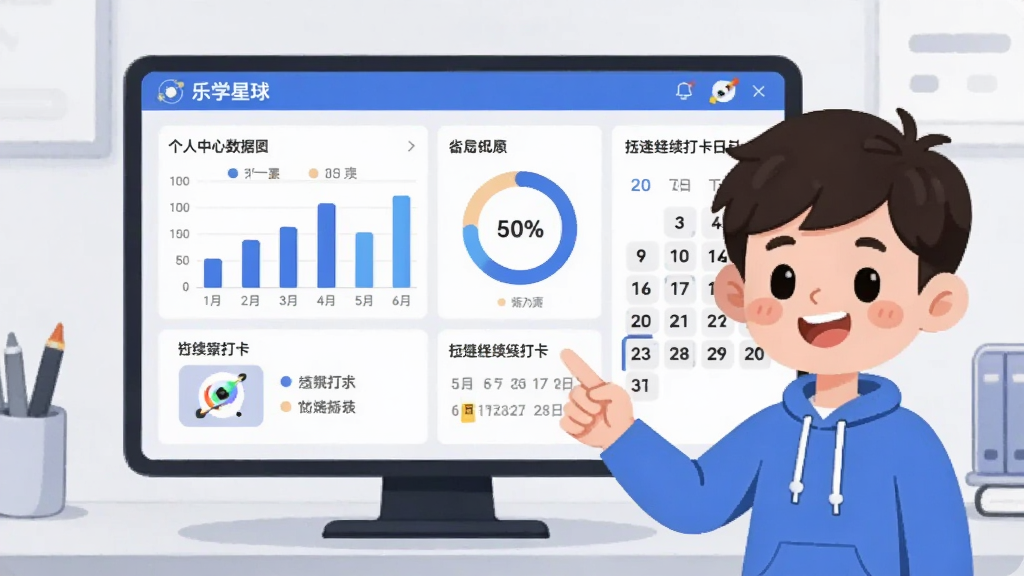 画面主体为乐学星球个人中心数据面板,面板上有柱状图、环形进度条与连续打卡日历,一位卡通男孩指着屏幕微笑,背景为浅灰色学习桌面,风格为简约扁平插画,布局居中对称,细节清晰,画质干净,无多余元素