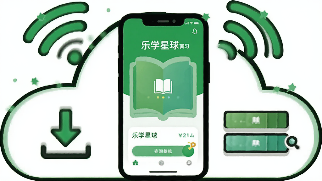 画面中央为一部手机与云朵、信号图标组合,手机屏幕显示乐学星球离线学习页面,旁边有下载箭头与存储空间示意图,风格为简洁图标插画,配色以绿色与白色为主,布局横向排列,细节清晰,画质干净,无多余元素
