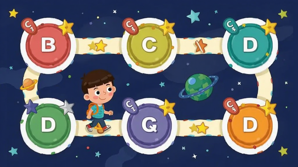 画面主体为一座卡通风格的星球闯关地图,地图上分布多个圆形关卡节点,节点旁标注英语字母与星星图标,一位卡通小学生角色正沿着路径前进,背景为深蓝色星空,风格为扁平矢量插画,布局横向展开,细节丰富,画质干净,无多余元素