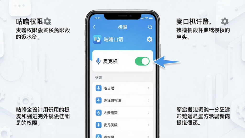 一张手机应用权限设置界面的示意图,画面中手机屏幕显示“咕噜口语”的麦克风权限开关处于开启状态,旁边有箭头指向权限列表,布局为手机居中、说明文字环绕,风格简洁科技感,细节包含权限图标与设置齿轮,画质清晰干净,无多余元素