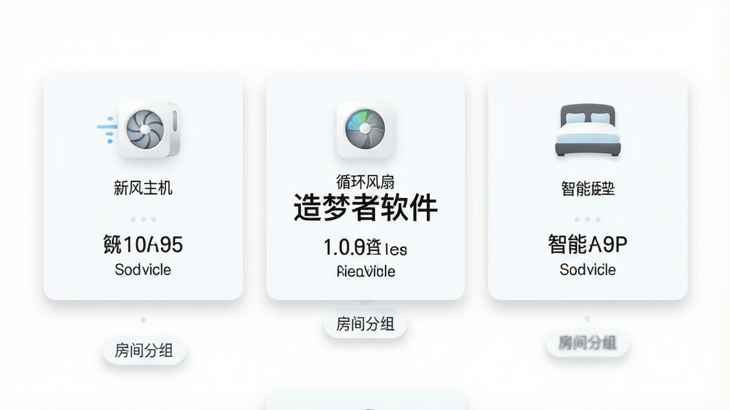 一张俯视视角的智能家居控制界面展示图,画面中三个设备卡片并排排列,分别标注新风主机、循环风扇、智能床垫的图标与实时数据,卡片下方有房间分组标签,整体风格为清爽的浅色系UI设计,配以柔和的阴影效果,背景为纯白色,画面中央有造梦者软件名称字样,布局整齐,高清画质,干净无杂乱