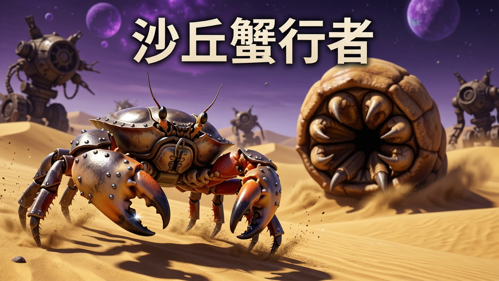 画面主体是一只身披金属装甲的巨蟹行者在金黄色沙丘上奔跑,背景是巨大的沙虫从沙中跃出,远处有废弃机械残骸和紫色异星天空;布局为横向构图,角色位于画面左侧三分之一处;排版突出游戏标题文字