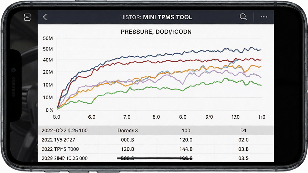 �ֻ���Ļ��ʾMINI TPMS TOOL��ʷ����ҳ�棬������ͼ��ʽ����������̥ѹ���仯���ƣ�ͼ���·�������������ֵ�б����������ֻ��������У�ͼ��ռ����Ļ�ϰ벿�֣����Ϊ���ݿ��ӻ�����չʾ��ϸ�ڰ���������ɫ�������ԡ��������ע������������ɫ����רҵ�����ʸ���ɾ����޶���Ԫ��