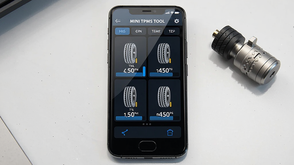 һ�������ֻ���Ļ��д����ʾMINI TPMS TOOLӦ�õ�����̥ѹ�����棬�ĸ���̥ͼ��ֱ��עѹ����ֵ���¶ȣ���������ɫ����������ɫ���������֣��������ֻ����з�����ǳ��ɫ���棬��Χɢ��һ��̥ѹ������ʵ����Ϊ��׺�����Ϊ��Ʒ��дʵ��Ӱ��ϸ�ڰ�����Ļ������Ȼ�����������ɶ��������������ʸ����ԣ����ʸ���ɾ����޶���Ԫ��
