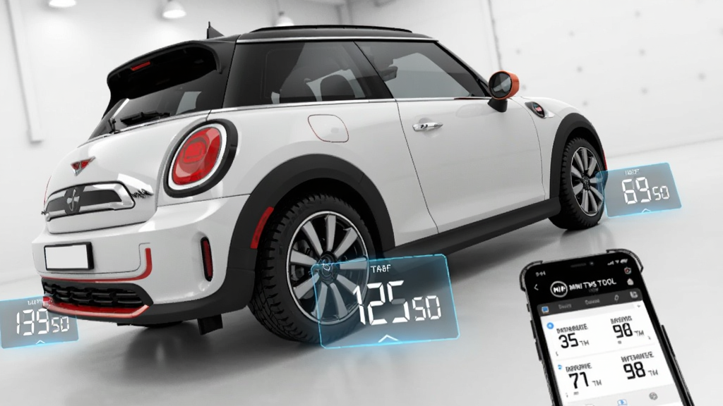 ��������Ϊһ����ɫMINI����ͣ�������������У��ĸ���̥�������Ű�͸��������̥ѹ������壬�ֻ���Ļ��ʾMINI TPMS TOOLӦ�ý��棬�������ֻ�λ�ڻ������½ǣ�����ռ�ݻ���������壬�Ű���öԽ��߹�ͼ�����Ϊ�ִ��Ƽ���дʵ��Ⱦ��ϸ�ڰ�����̥����������������������ɫ���Ρ��ֻ�������ʾ�ĸ���̥ѹ����ֵ�����ʸ���ɾ����޶���Ԫ��