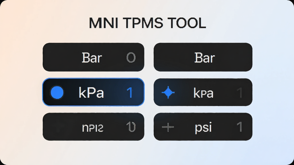 MINI TPMS TOOL���ý����ͼ���չʾ�������в�����ʾbar��kPa��psi���ֵ�λѡ�����һ��ѡ�����ѡ�У������Ͻ�����г��֣�����Ϊ��͵�ǳɫ���䣬���Ϊ���UIչʾͼ��ϸ�ڰ�����λ����������ѡ��״̬����ɫԲ���ʶ�������Ű���������ʸ���ɾ����޶���Ԫ��