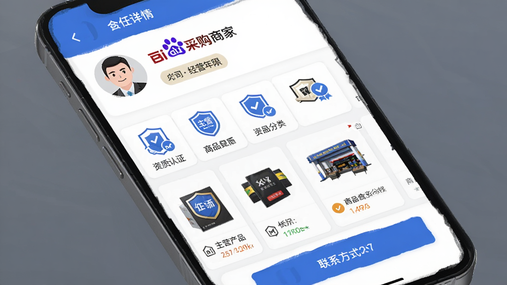 �ٶȰ��ɹ��̼�����ҳ���ֻ���Ļչʾ�̼�ͷ�񡢹�˾���ơ���Ӫ���ޱ�ǩ����Ӫ��Ʒ������������֤ͼ�꣬�·�Ϊ��Ʒ�б�����ϵ��ʽ��ť��ҳ��������θ���Ʒ��������ɫ����Ϣ�㼶��������֤��ʶ�Զ���ͼ����֣����廭�ʣ�������װ��