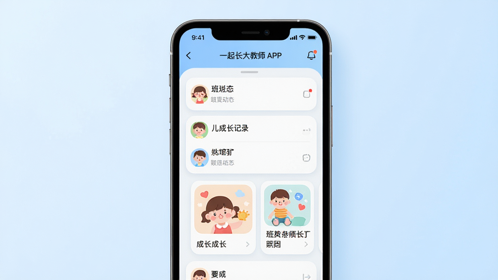 һ���ֻ���Ļչʾ�׶�԰��ʦʹ��һ�𳤴��ʦAPP�Ľ��棬��������Ϊ�ֻ����аڷţ���Ļ����ʾ�༶��̬�б����׶��ɳ���¼��Ƭ�����ּ������������Ϊ��͵�ǳ��ɫ���䣬���Ϊ�ִ���ƽ��UIչʾ��ϸ�ڰ���Բ��ͼ�ꡢ�����Ӱ�������������Ű棬���ʸ���ɾ��޶���Ԫ��