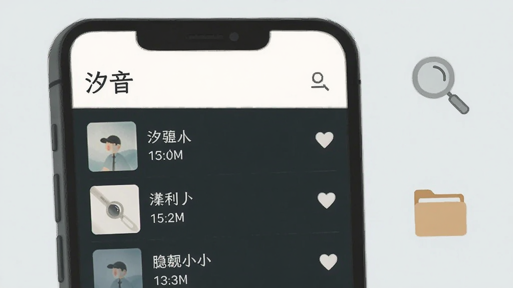 主体是一部手机展示本地音乐列表页面,顶部标题写有“汐音”,布局为手机居中偏左,右侧配以放大镜与文件夹图标,排版为左右呼应,风格为素雅极简插画,细节包含歌曲名、时长、收藏心形图标,画质清晰,画面干净,无多余元素