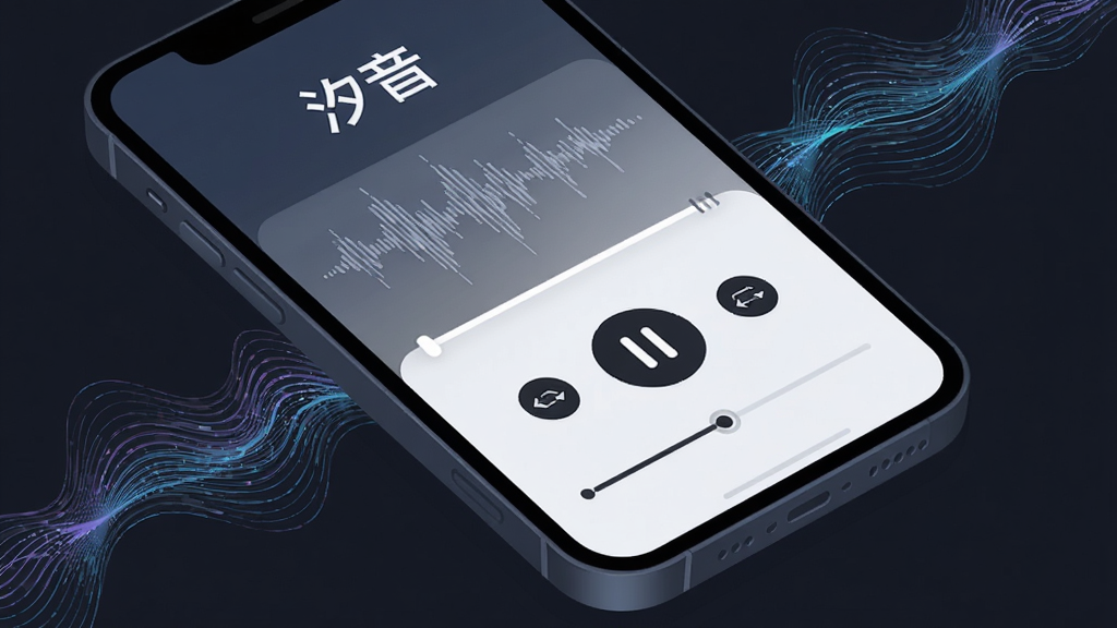 主体是一部手机屏幕特写,显示音频波形与播放进度条,屏幕上方写有“汐音”名称,布局为手机斜放在深色背景上,周围有流动的声波线条,排版突出中央播放控件,风格为科技感简约插画,细节包含倍速按钮、循环图标、缓冲进度,画质清晰,画面干净,无多余元素
