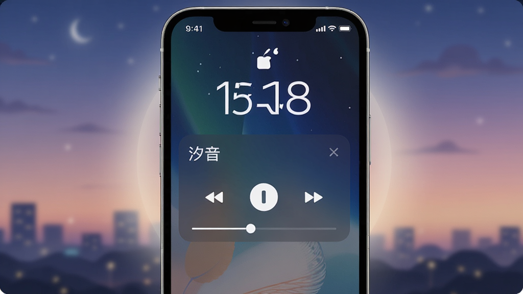 主体是一部手机锁屏界面显示音频播放控制卡片,卡片上写有“汐音”,布局为手机竖放居中,背景为柔和夜景渐变,周围有轻微光晕,排版突出通知卡片,风格为现代简约插画,细节包含播放暂停键、上一首下一首按钮、进度条,画质高清,画面干净,无多余元素