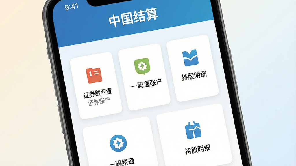 手机屏幕中央展示中国结算应用主界面,上方有“中国结算”字样,界面包含证券账户查询、一码通账户、持股明细等功能入口,整体布局简洁清晰,背景为浅色渐变,风格为扁平化UI设计,细节包含图标与卡片式布局,画质清晰,画面干净,无多余元素