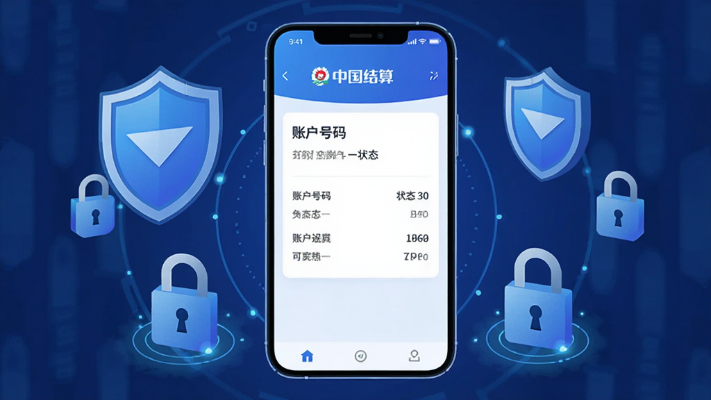 画面中央为一部智能手机,屏幕上显示“中国结算”账户查询结果页面,包含账户号码与状态信息,手机周围环绕盾牌与数据锁图标,象征官方安全通道,布局居中对称,风格为科技感扁平插画,细节包含蓝色主色调与光效,画质清晰,画面干净,无多余元素