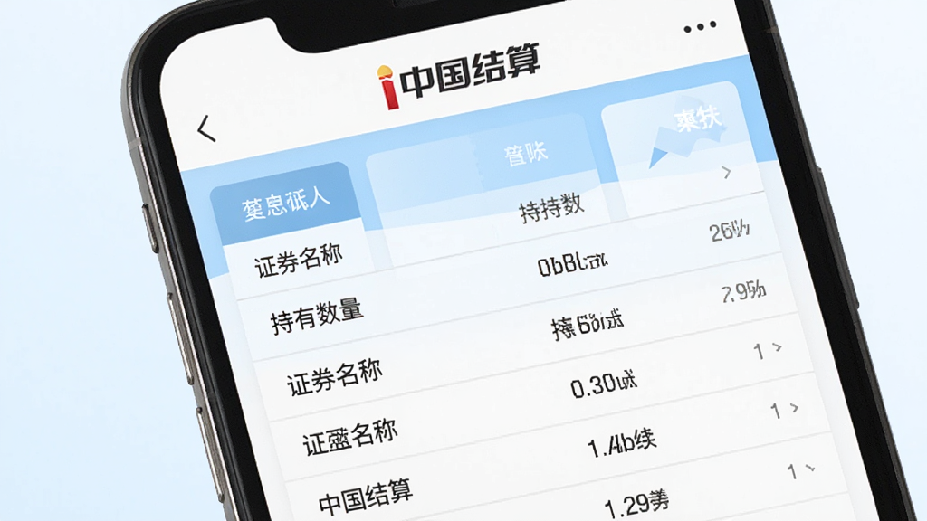 手机屏幕展示“中国结算”持股信息页面,表格形式列出证券名称与持有数量,页面顶部有“中国结算”标识,背景为白色与淡蓝色搭配,布局规整,风格为简洁商务风,细节包含数据卡片与分割线,画质清晰,画面干净,无多余元素