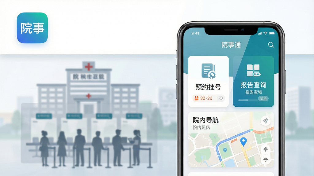 画面主体为一款智能手机,屏幕内展示“院事通”应用主界面,界面布局包含预约挂号卡片、报告查询入口与院内导航地图模块;手机置于画面中央偏右,左侧以半透明层叠方式呈现医院建筑轮廓与排队窗口的虚化剪影;整体排版采用上下分层结构,上方留白放置应用图标;风格为清爽扁平化UI展示风,细节上屏幕反光自然、图标边缘锐利、背景虚化过渡柔和;画质清晰,干净,无多余元素