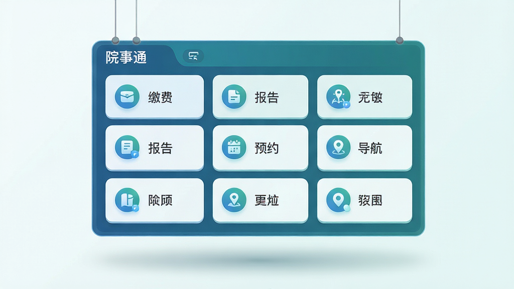 画面主体为一块悬浮的数字化信息面板,面板上以卡片网格形式排列“院事通”的各项事务模块,包括缴费、报告、预约、导航等图标;面板悬浮于浅色背景之上,下方有柔和投影;布局采用三列网格排版,图标与文字标签对齐工整;风格为现代科技感轻拟物风,细节上卡片圆角统一、图标线条简洁、色彩以蓝绿为主;画质清晰,干净,无多余元素