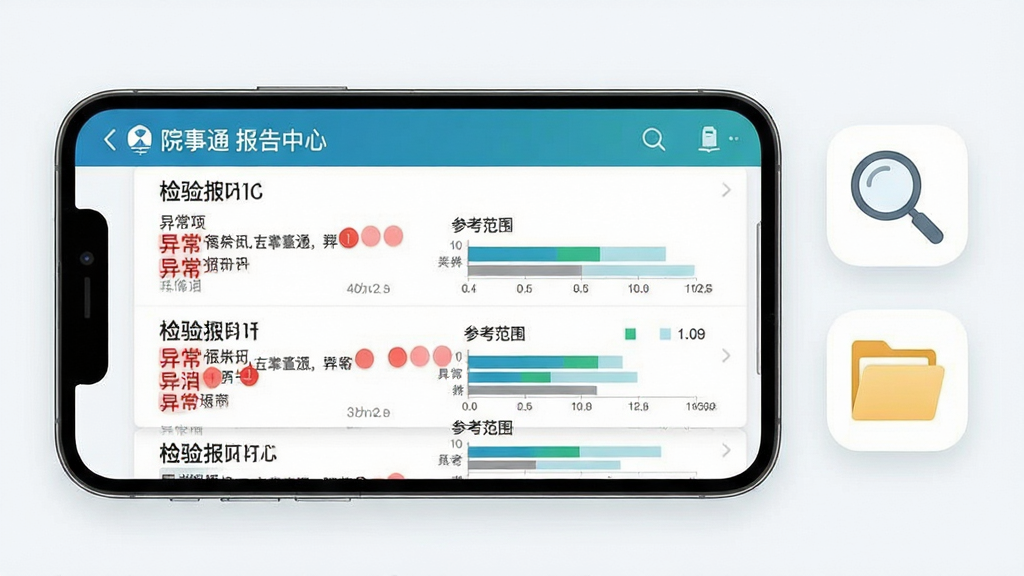 画面主体为一部手机横屏展示“院事通”报告中心界面,屏幕内以列表形式呈现多份检验报告单,每份报告带有异常项红色标记与参考范围条形图;手机右侧悬浮一个放大镜图标与文件夹图标,象征检索与归档功能;布局为左机右图标对称结构;风格为医疗健康类清爽界面展示风,细节上报告单文字清晰可辨、标记颜色醒目但不刺眼;画质清晰,干净,无多余元素