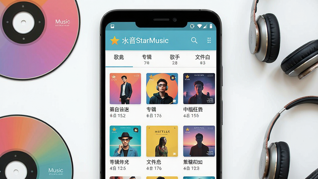 一张手机屏幕展示音乐文件自动归类的界面图,主体为安卓手机,屏幕内显示星音音乐StarMusic的媒体库页面,分为歌曲、专辑、歌手、文件夹四个标签;布局为手机居中摆放,周围有少量音乐光盘与耳机元素点缀;排版上标签栏在顶部,下方为歌曲列表缩略图;风格为清爽浅色系扁平设计,细节包含彩色专辑小封面、文件数量统计文字;画质清晰,画面干净,无多余元素