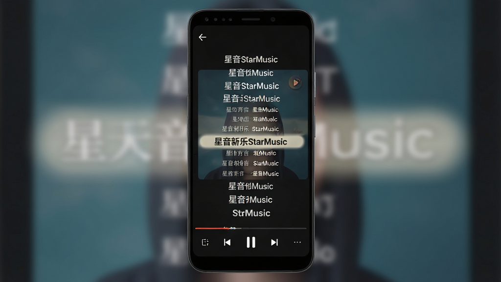 一张手机音乐播放歌词界面图,主体为安卓手机,屏幕内显示星音音乐StarMusic的歌词滚动页面,中央为逐行高亮歌词,背景由专辑封面模糊虚化生成;布局为手机居中,上下留白;排版上歌词居中排列,当前行加粗高亮;风格为暗色沉浸式设计,细节包含顶部返回箭头、底部播放控制条;画质高清,画面干净,无多余元素