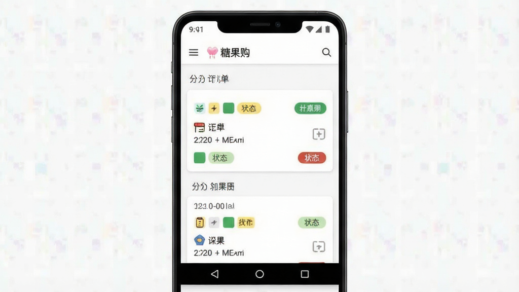 一张展示订单管理页面的手机界面,主体为居中安卓手机,屏幕内是分组排列的订单卡片与状态标签,布局规整、上下结构清晰,风格为清爽工具类应用展示,细节包括时间分组标题、状态色块、简洁图标,画面中可出现文字“糖果购”,画质干净清晰无多余元素