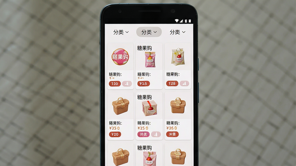 一张展示商品聚合列表界面的手机画面,主体为一部安卓手机,屏幕内呈现多行商品卡片与顶部筛选标签,布局为手机居中、左右留白,风格为简洁电商UI展示,细节包含商品缩略图、价格标签、分类按钮,画面中可出现文字“糖果购”,画质清晰干净无多余元素