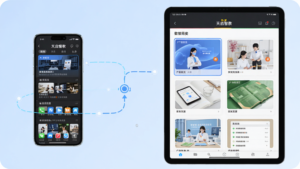 һ���ֻ���һ̨ƽ�岢��չʾ�������ǽ̡�ƽ̨���棬�ֻ���ʾ�γ��б���ƽ����ʾ�����ں���Դ����ҳ�棬����Ϊǳ��ɫ���䣬���������м�Լ������������������ͬ�����������ִ����ɾ������ֶԳƣ������������޶���Ԫ�ء�