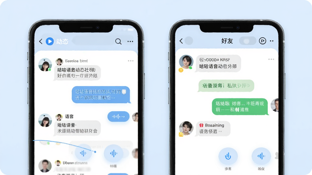 一张手机界面展示咕咕语音动态社区与私聊功能的组合图,左侧为动态信息流页面,右侧为好友聊天窗口,界面元素包含头像、文字气泡和语音按钮,背景为淡蓝色调,风格简约现代,画质清晰,干净无多余元素