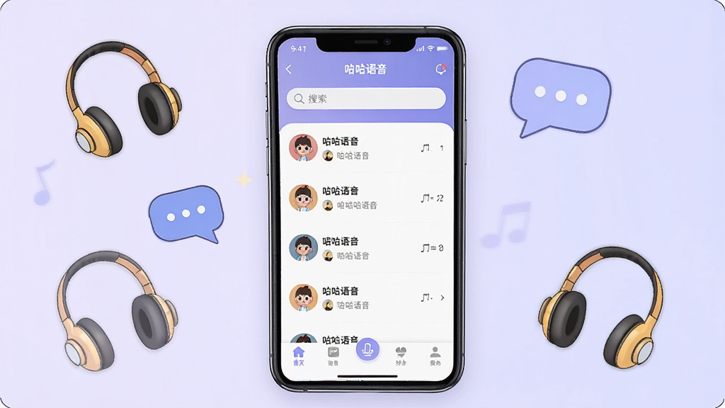 一张手机屏幕展示咕咕语音主界面的场景图,画面中央是一部竖屏智能手机,屏幕上显示