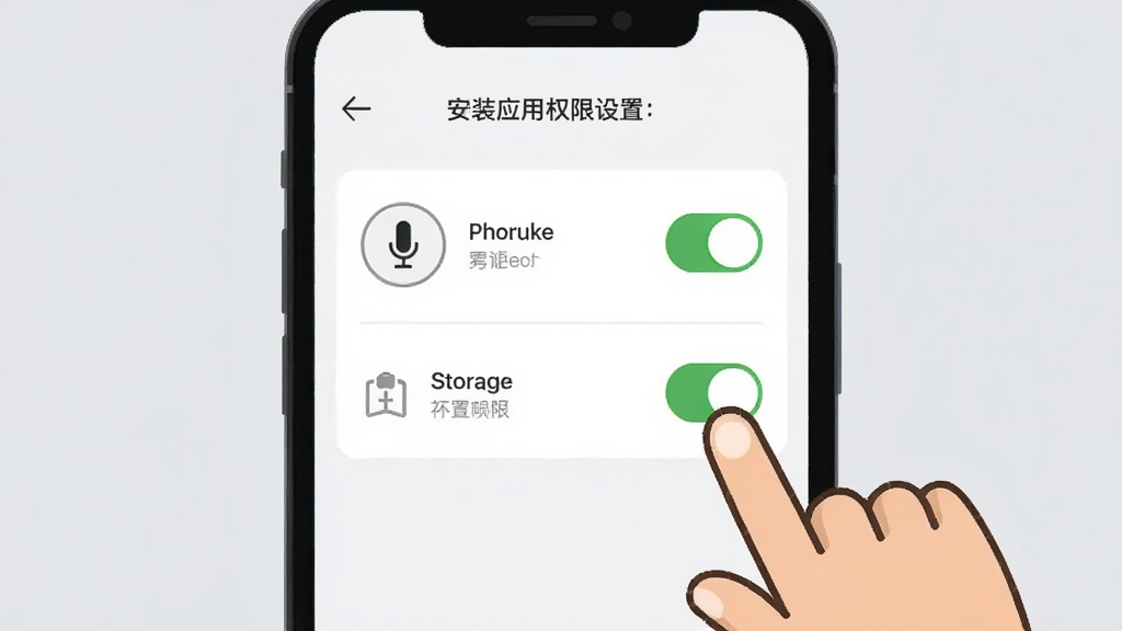 一张手机安装应用权限设置的示意图,画面显示手机屏幕上的权限管理页面,包含麦克风和存储权限开关,旁边有卡通手指点击操作,背景为浅灰色调,风格简洁直观,画质清晰,干净无多余元素