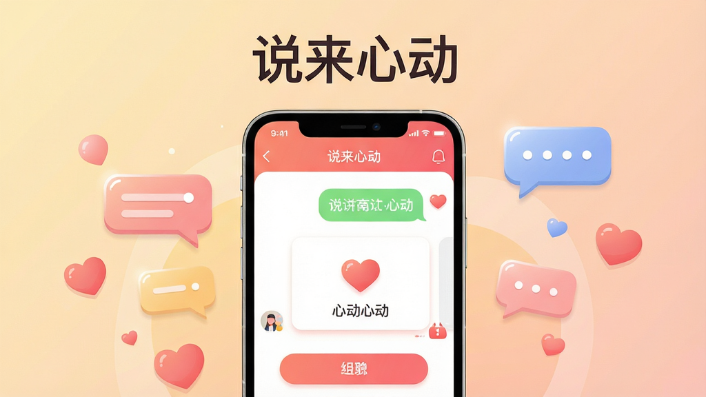 画面主体是一部智能手机居中放置,屏幕内展示说来心动应用的聊天界面与心动匹配卡片布局,背景为柔和的暖色调渐变,四周点缀漂浮的对话气泡与爱心图标,排版采用上下分层结构上方为软件名称“说来心动”标准字,下方为手机主体,风格为清新扁平化插画风,细节包括气泡边缘的高光与界面按钮的圆角处理,画质清晰干净无多余元素
