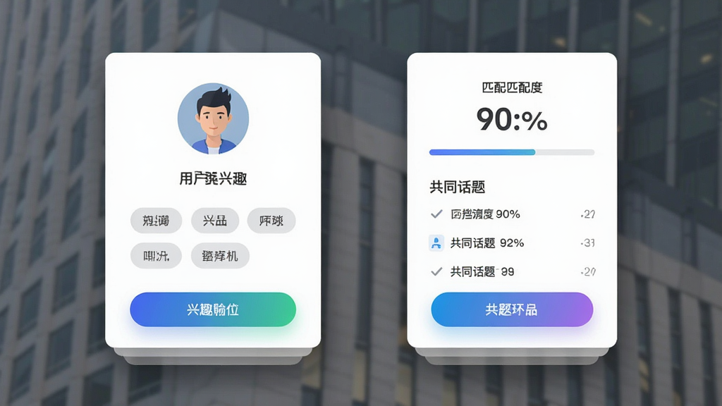 画面主体为两块悬浮的卡片式界面并排展示,左侧卡片显示用户头像与兴趣标签,右侧卡片显示匹配度百分比与共同话题列表,布局采用左右对称构图,风格为现代扁平化UI设计风,细节包括卡片投影与渐变按钮,画质干净无多余元素