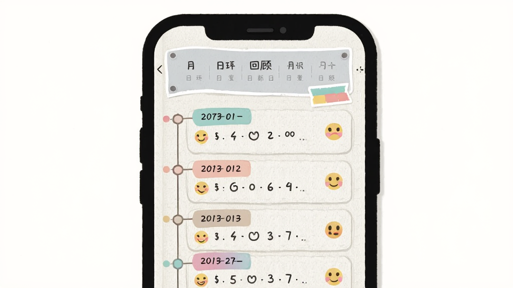 画面主体为手机屏幕内展示时间轴形式的日记列表界面,每条日记带有日期标签与心情表情图标,界面顶部有月度回顾横幅,布局为居中手机展示,风格为简约手账风插画,细节包括纸张纹理背景与彩色标签贴纸,画质清晰干净无多余元素