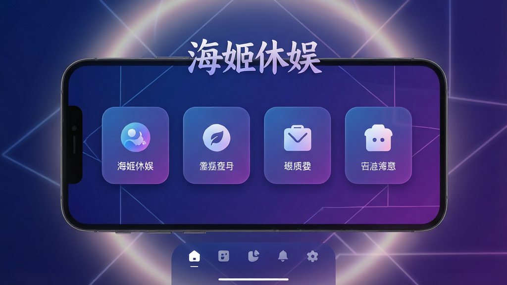 手机屏幕中央展示海姬休娱应用主界面,界面采用深蓝与紫色渐变配色,顶部为软件名称“海姬休娱”艺术字,中部为四个圆角功能卡片横向排列,底部为导航栏,背景为柔和光晕与几何线条装饰,风格简洁现代,细节清晰,画质高清,画面干净,无多余元素