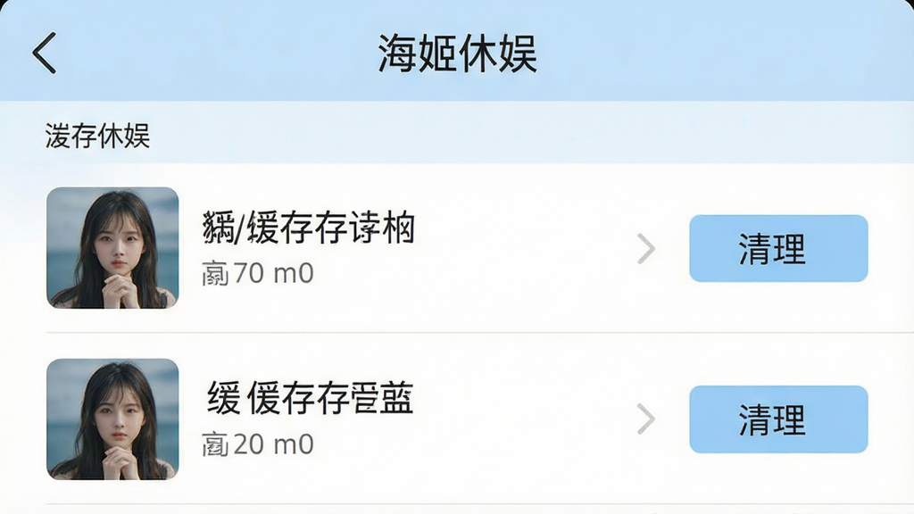 手机界面展示缓存管理页面,列表中显示已缓存内容条目与清理按钮,顶部有“海姬休娱”标题栏,背景为淡蓝色,风格简约实用,细节清晰,画质高清,画面干净,无多余元素