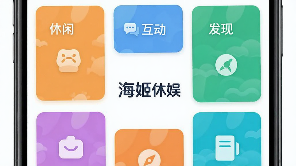 手机界面中多个彩色功能模块以卡片形式聚合排列,卡片上分别标注“休闲”“互动”“发现”等字样,中心位置显示“海姬休娱”标志,整体布局整齐,风格清爽,画质清晰,画面干净,无多余元素