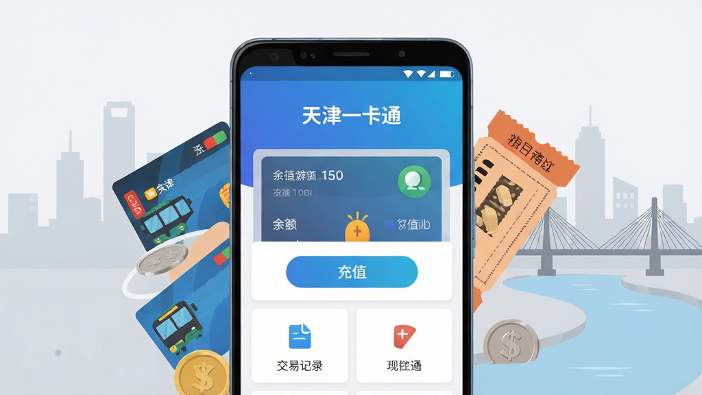 画面中央一部竖屏安卓手机,屏幕上显示“天津一卡通”应用主界面,顶部为蓝色渐变横幅,中间排列着余额卡片、充值按钮、交易记录等模块图标,手机周围环绕着公交卡、地铁票、硬币等元素,背景为浅灰色城市剪影与海河桥梁线条,整体采用扁平化UI风格,布局居中对称,细节清晰,画质干净锐利,无多余装饰元素
