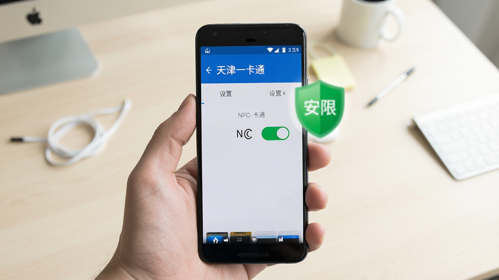 一只手拿着安卓手机,屏幕显示“天津一卡通”设置页面,NFC开关处于开启状态,旁边悬浮一个绿色盾牌图标代表安全权限,背景为浅色办公桌面,视角为第一人称手持特写,风格简洁明快,画质清晰干净,画面元素少而精